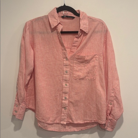 Zara Oversized Striped Pink 55% Linen Shirt - Picture 8 of 11